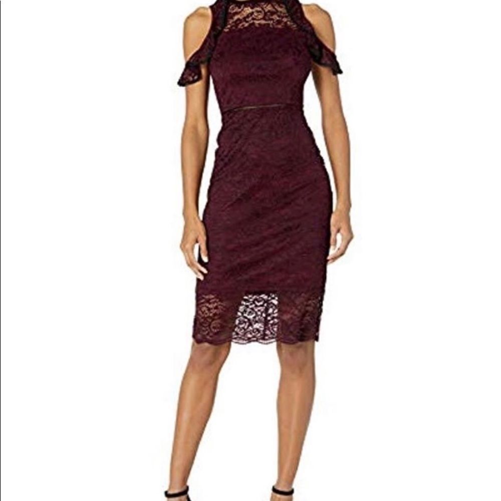 Bebe Lace Cold Shoulder Midi Ruffle Dress Modern Event Party Special Occasion - Picture 3 of 13